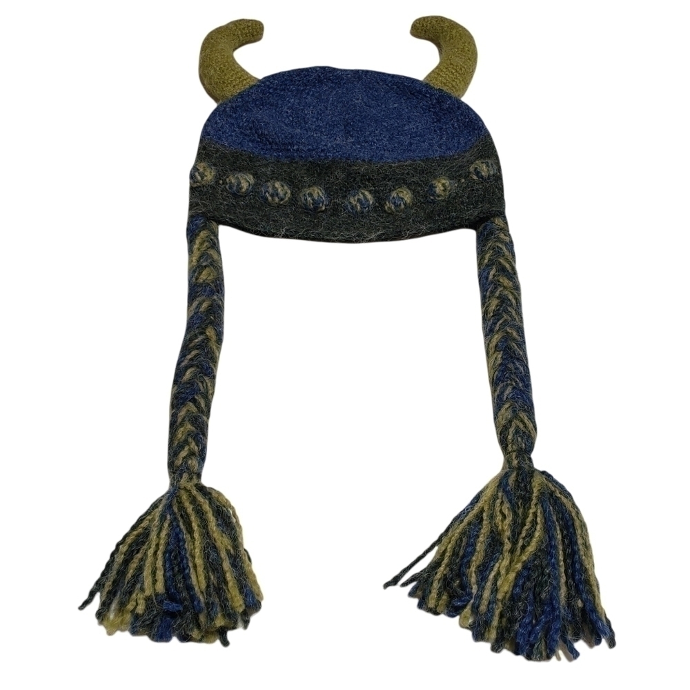 Hand Knit Horns & Braids Viking Hat